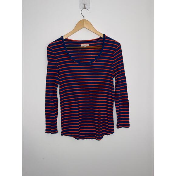 Madewell Striped Navy Blue & Red/Orange Long Sleeve Woman’s Tee Size Medium - Picture 2 of 6